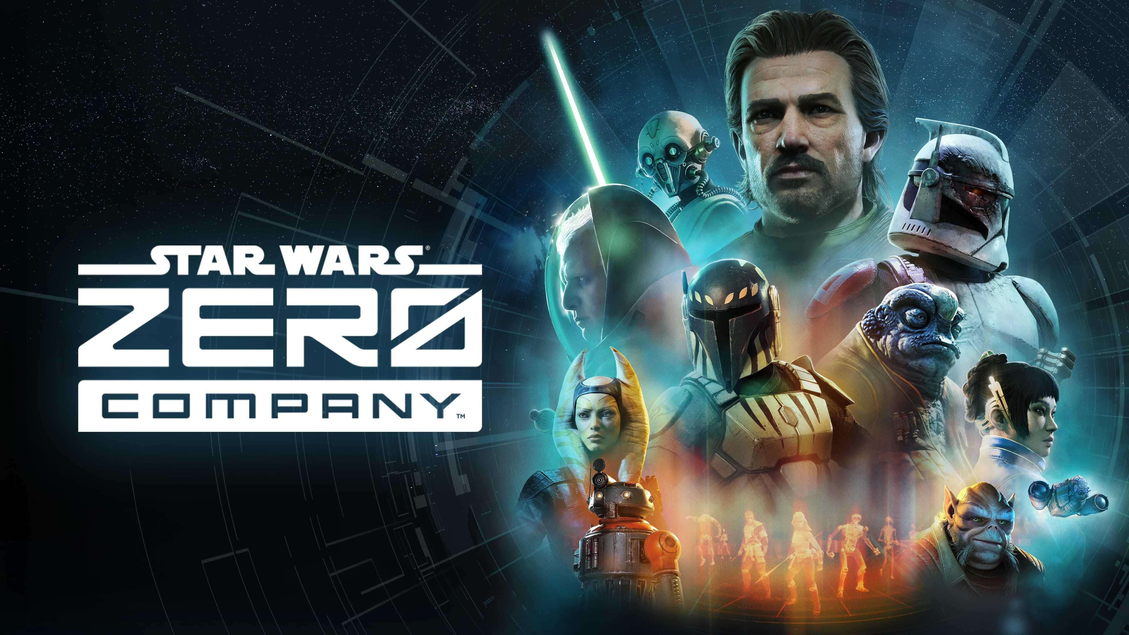 Official Zero Company key art showing Hawks and a mixed squad against a galactic battlefield backdrop.